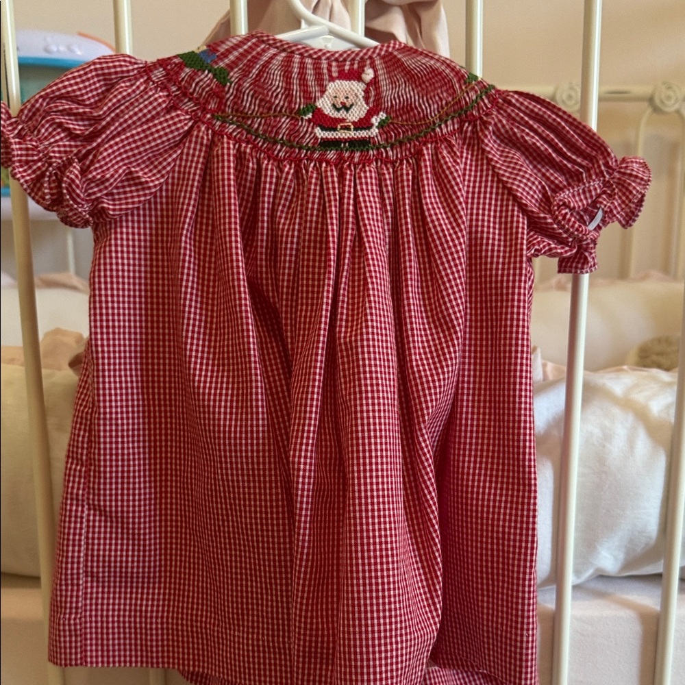 Red Gingham Smocked Dress with Santa Embroidery